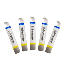 Load image into Gallery viewer, Five white MacroRepairs lip balm tubes with blue caps and yellow accent bands arranged in a row.