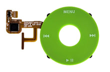 Load image into Gallery viewer, Green iPod Shuffle with circular interface showing menu, skip, and play controls, displaying attached flex cable connector.