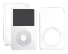 Load image into Gallery viewer, White iPod Classic with screen and click wheel shown alongside clear protective case.