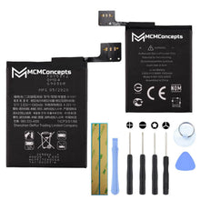 Load image into Gallery viewer, MCMConcepts phone battery replacement kit with two lithium batteries, screwdrivers, adhesive strips, and repair tools