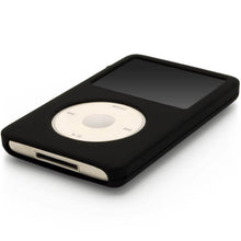 Load image into Gallery viewer, Black silicone protective case for iPod Classic with white click wheel and screen display.
