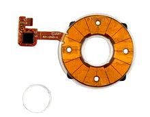 Load image into Gallery viewer, Orange camera aperture blade assembly with flexible PCB connector and white protective ring.
