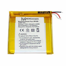 Load image into Gallery viewer, MCMConcepts yellow lithium polymer replacement battery for iPod Nano 3rd generation with red and black wires
