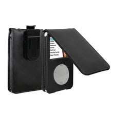 Load image into Gallery viewer, Black leather protective case with flip cover for iPod Classic music player, displaying menu screen
