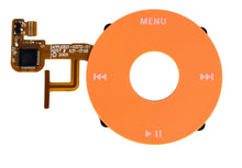Load image into Gallery viewer, Orange circular portable media player with menu button and playback controls on white background

