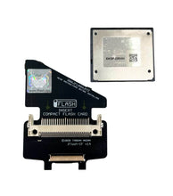 Load image into Gallery viewer, iFlash Compact Flash Card reader with black plastic housing and metallic silver metal connectors shown with protective case.
