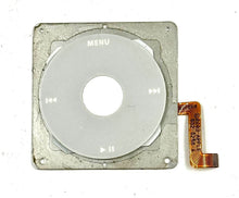 Load image into Gallery viewer, Silver iPod click wheel with menu, play, and skip controls, mounted on metal bracket with flex cable.
