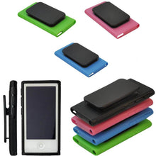 Load image into Gallery viewer, Colorful silicone iPod Nano cases in green, pink, blue, and black with protective sleeves and clip attachments.

