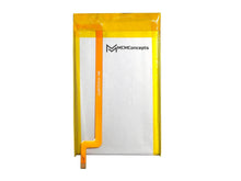Load image into Gallery viewer, MCM Concepts yellow lithium-ion replacement battery with orange pull-tab and white interior label
