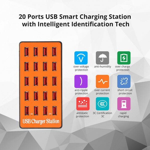 20 Port USB Charger Rapid Charging Station Desktop Travel Hub iPhone Android